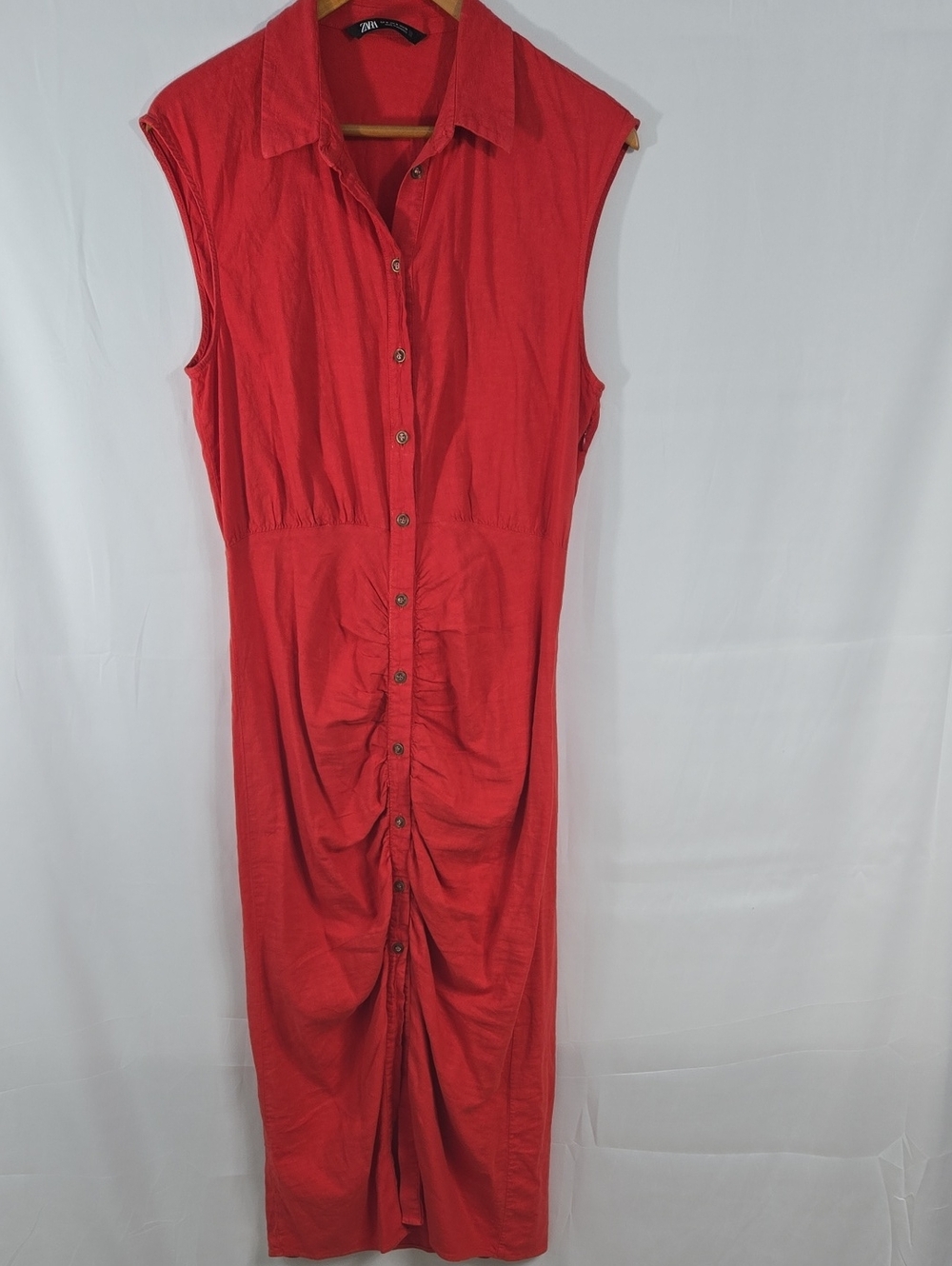 Zara Sleeveless Red Button-Front Ruched Midi Dress Linen Blend Small